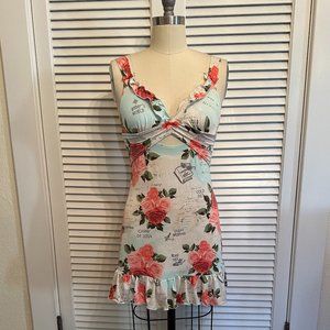 BETSEY JOHNSON SLIP/DRESS. CUTE MAP/FLORAL PRINT MOTIF. SZ SMALL.